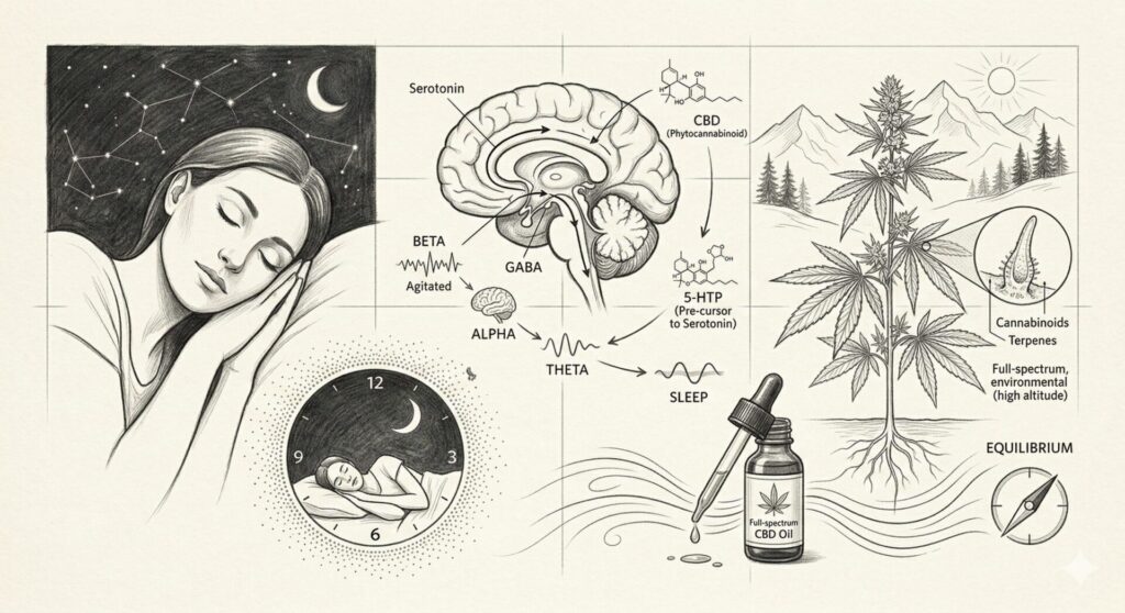 Donna che dorme e schema di come il cbd influisce sul sonno