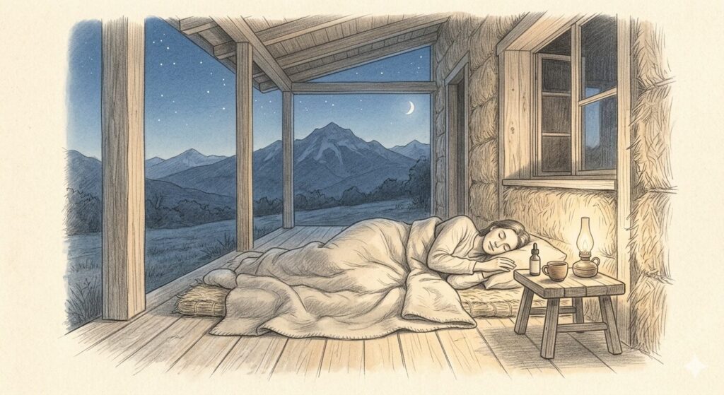Disegno botanico e architettonico a matita che illustra il legame tra la coltivazione montana naturale del CBD e l'esperienza di ospitalità slow alla Casa Di Paglia (CDP). Mostra una figura che dorme profondamente davanti alla Casa di paglia B&B con le montagne sullo sfondo e un boccettino di olio cbd sul comodino.