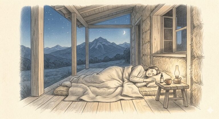 Disegno botanico e architettonico a matita che illustra il legame tra la coltivazione montana naturale del CBD e l'esperienza di ospitalità slow alla Casa Di Paglia (CDP). Mostra una figura che dorme profondamente davanti alla Casa di paglia B&B con le montagne sullo sfondo e un boccettino di olio cbd sul comodino.